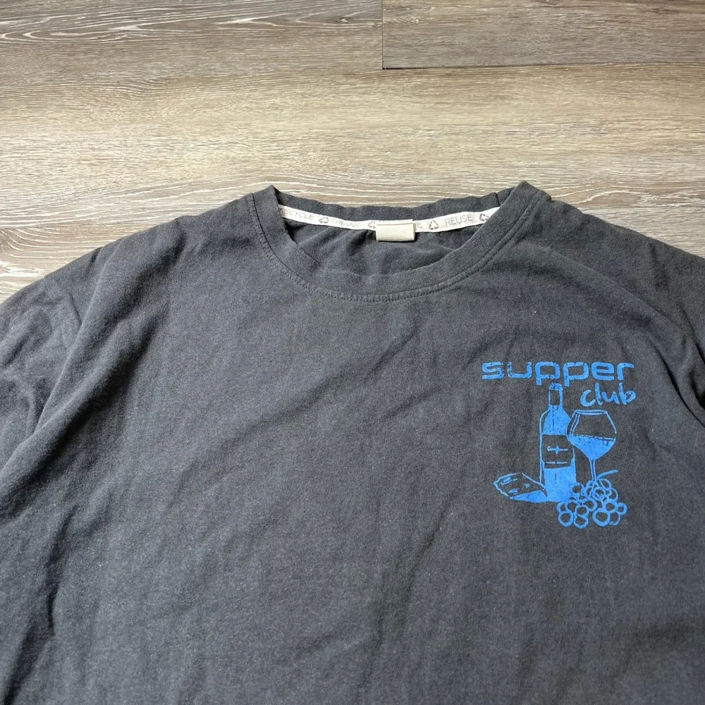 Recycled Threads Supper Club T-Shirt Mens L Black Blue Graphic Tee Wine Foodie